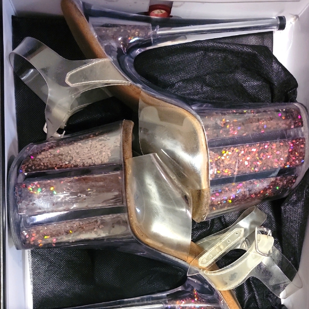 Pleaser 8 Inch Sandals Brown Glitter Inserts, Size 8